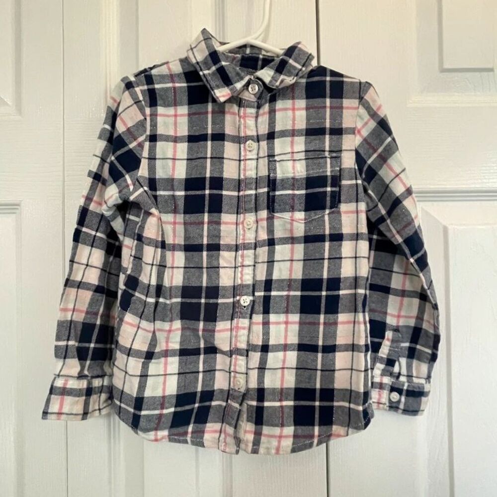 Carter’s Girls Size 5 Pink Navy Plaid Flannel Button-Up Shirt Cottagecore